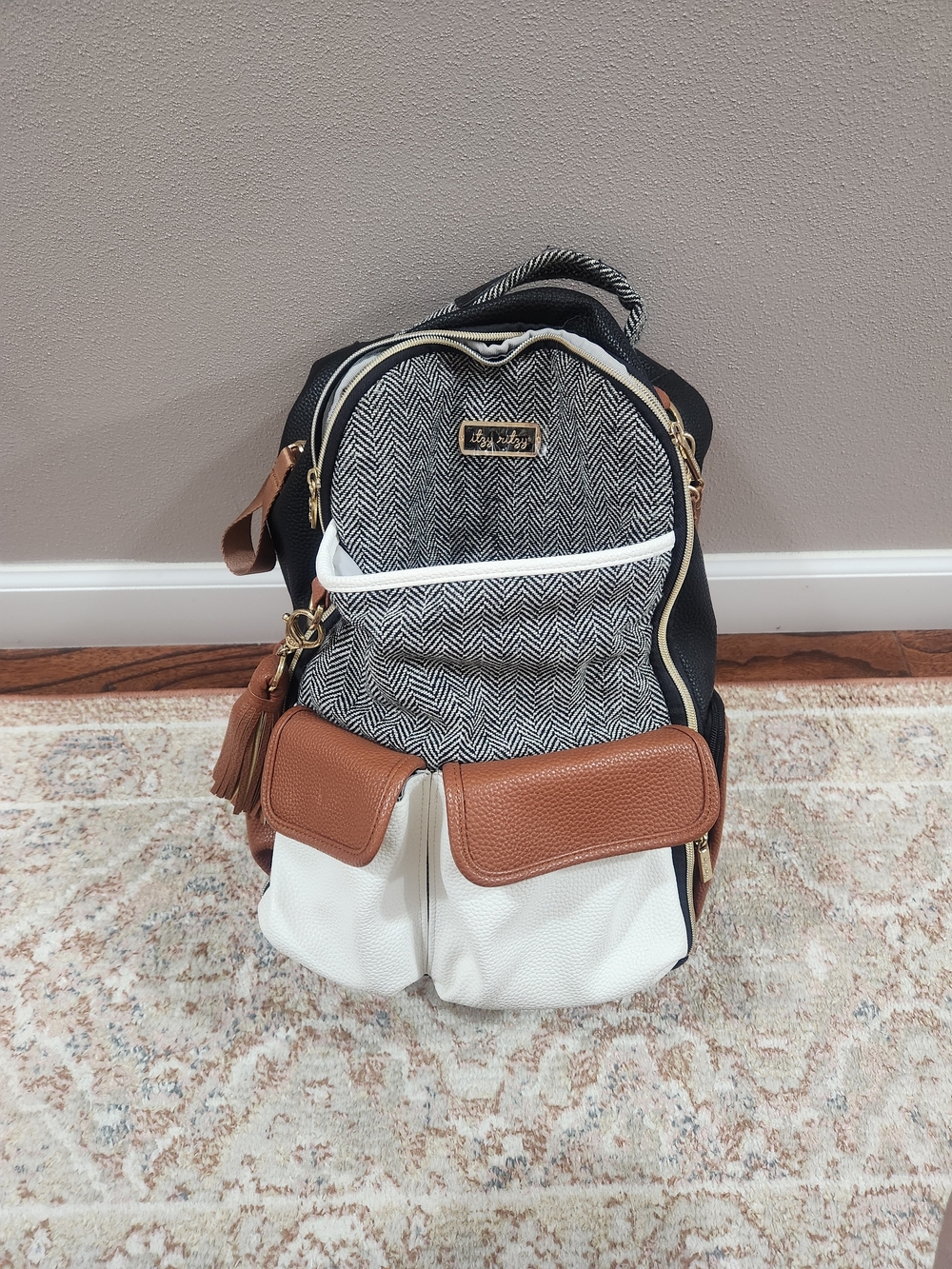 Women’s Herringbone Accent Backpack with White and Brown Trim